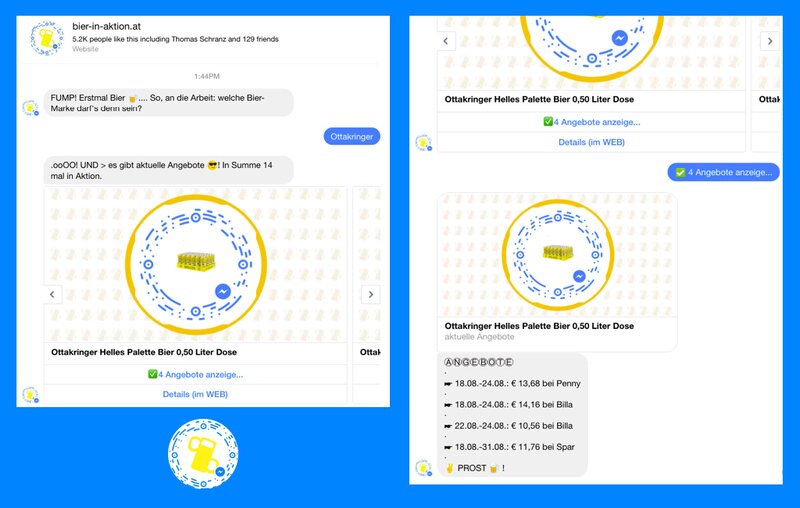 So sieht es aus, wenn der Nutzer mit dem Chatbot von bier-in-aktion.at auf Facebook interagiert. (Screenshot: bier-in-aktion.at Chatbot)
